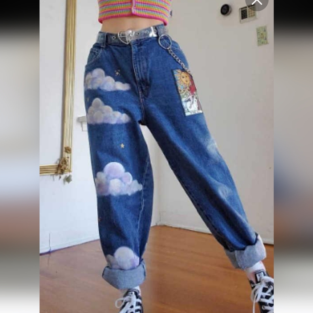 High Waisted Print Jeans Medium